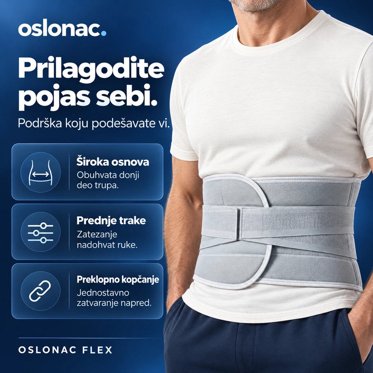 Široka osnova, prednje trake i preklopno kopčanje.